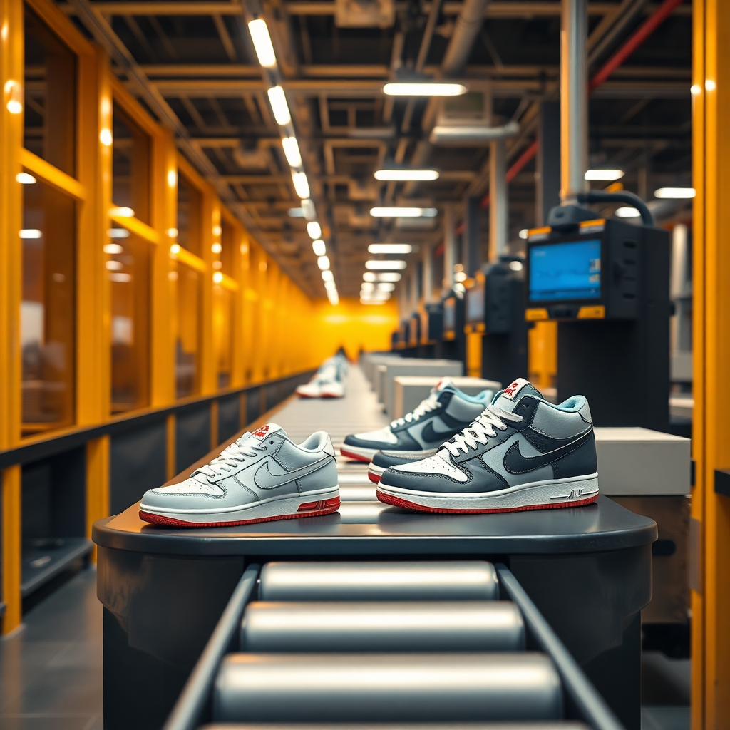 FlyMyMall physical verification center with verified sneakers on a conveyor belt